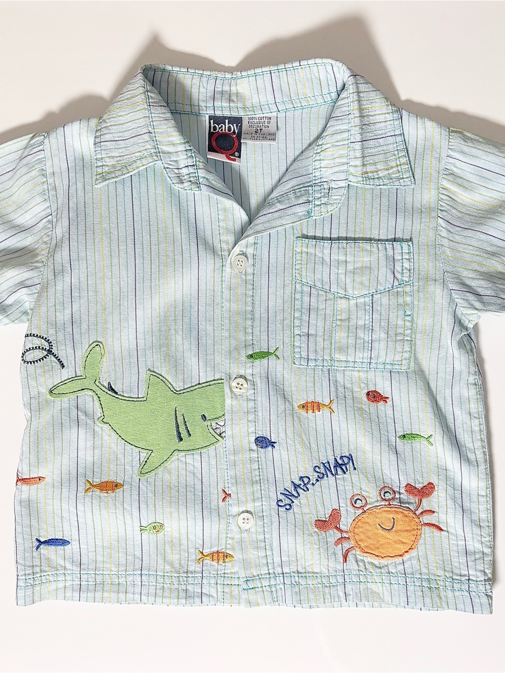 Vintage Baby Q Shark & Crab Embroidered Striped Resort Shirt Pastel Vacation